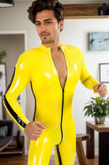 Men Latex Catsuits Martial Arts Bruce Lee Style Yellow Stripe