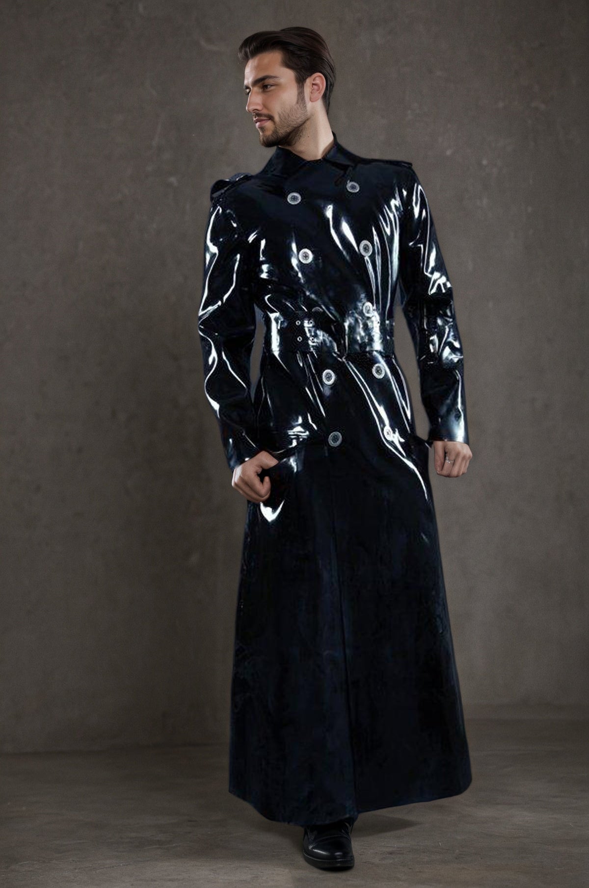 Man Latex Coats Military Style Full-Length Double-Breasted Long Trench