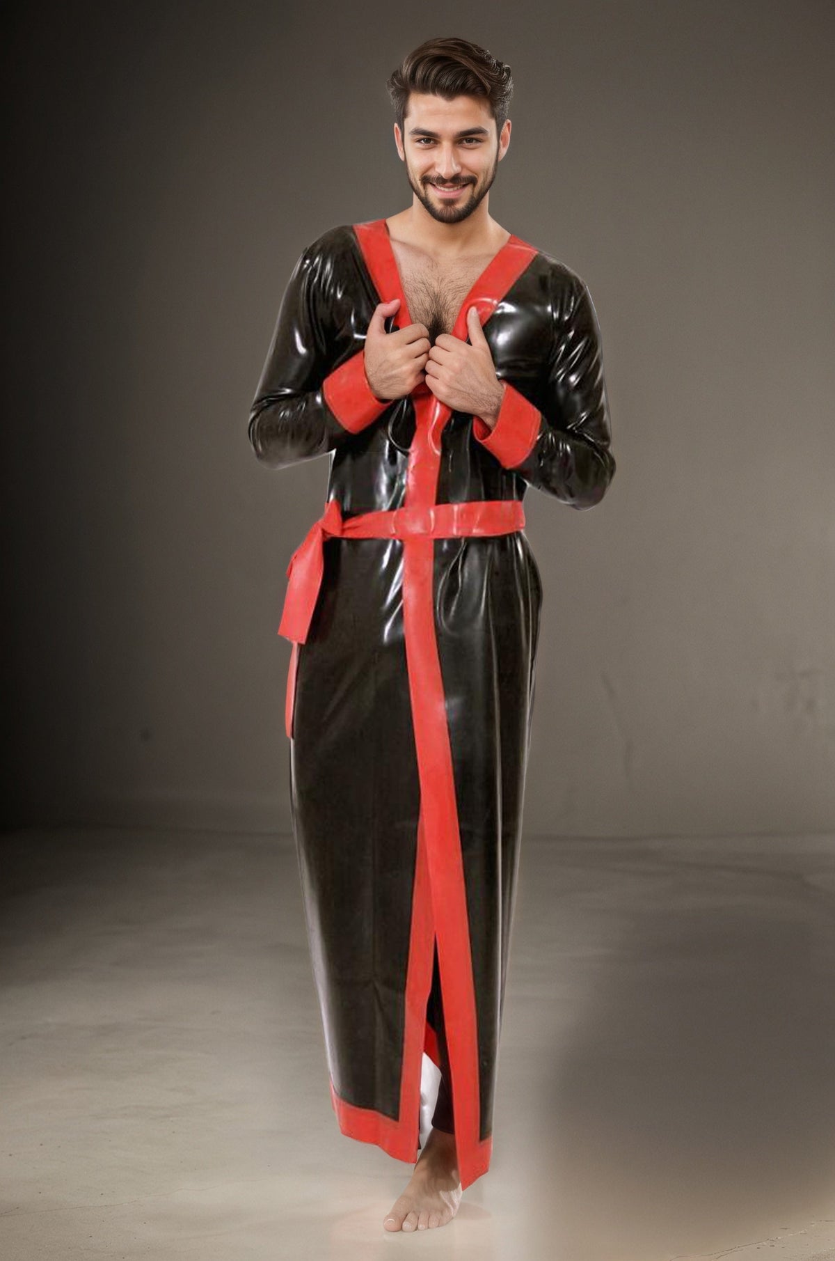 Men Latex Gowns Night Robe Ankle-Length Contrast Trim