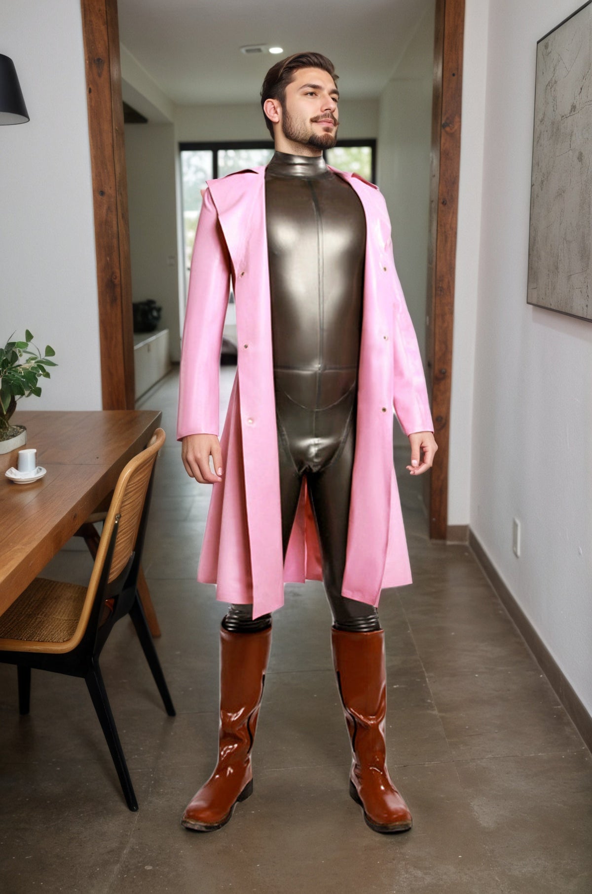 Men Pink Latex Gowns Coat Lightweight Outerwear