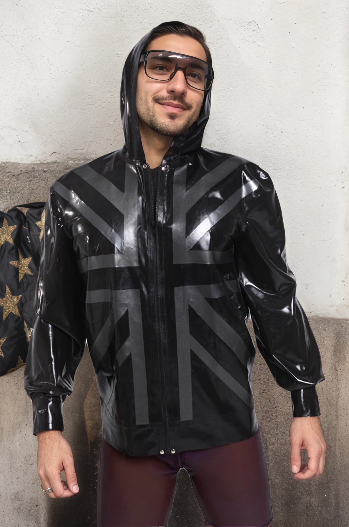 Man Latex Jacket 'Britannia' Cross Hoodie