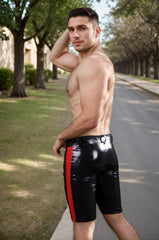 Men Latex Shorts Red Side Stripes Hidden Zipper