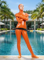 Women Latex Catsuits Cute Orange Open Crotch