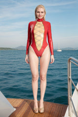 Women Latex Bodysuit Criss  Crossed Long  Sleeved Leotard Line  Diamond Shape Front Swimwear Pool Party Outfit Beachwear