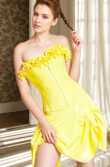 Women Latex Corsets Yellow Floral Neckline