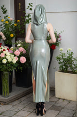 Women Latex Dresses Hooded Maxi Chic And Sleek With Side Slits Sleeveless Gown