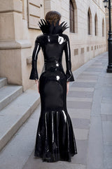 Women Latex Dress Long-Sleeved Witchery Elegant Black Latex Gown With Flared Sleeves Fishtail Gothic Party Outfit