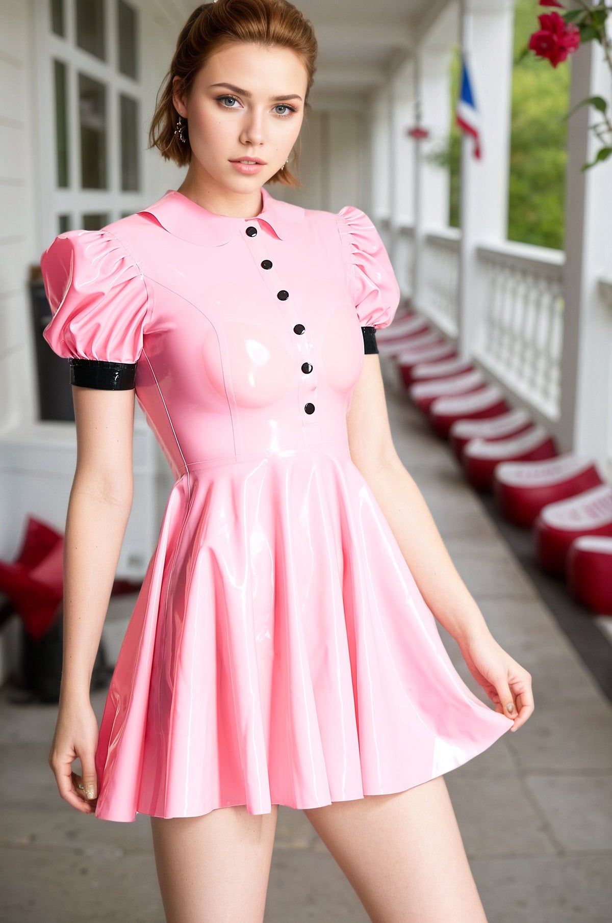 Women Latex Dresses Lolita Maid Dress Apron Adorable Sweet Pink With Puff Sleeves
