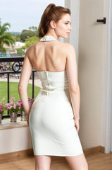 Women Latex Dresses Classic Halter-Neck Cocktail Chic White With Deep V-Neckline Luxury Halter Neck