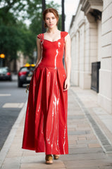 Women Latex Dress Panel-Pleated Gown Elegant Red With Square Neck Luxurious Vintage