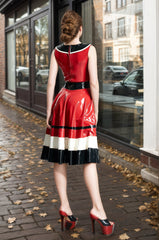 Women Latex Dress Horizontally Yours Skirt Retro Color-Block Red Flared Horizontal Stripe
