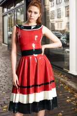 Women Latex Dress Horizontally Yours Skirt Retro Color-Block Red Flared Horizontal Stripe