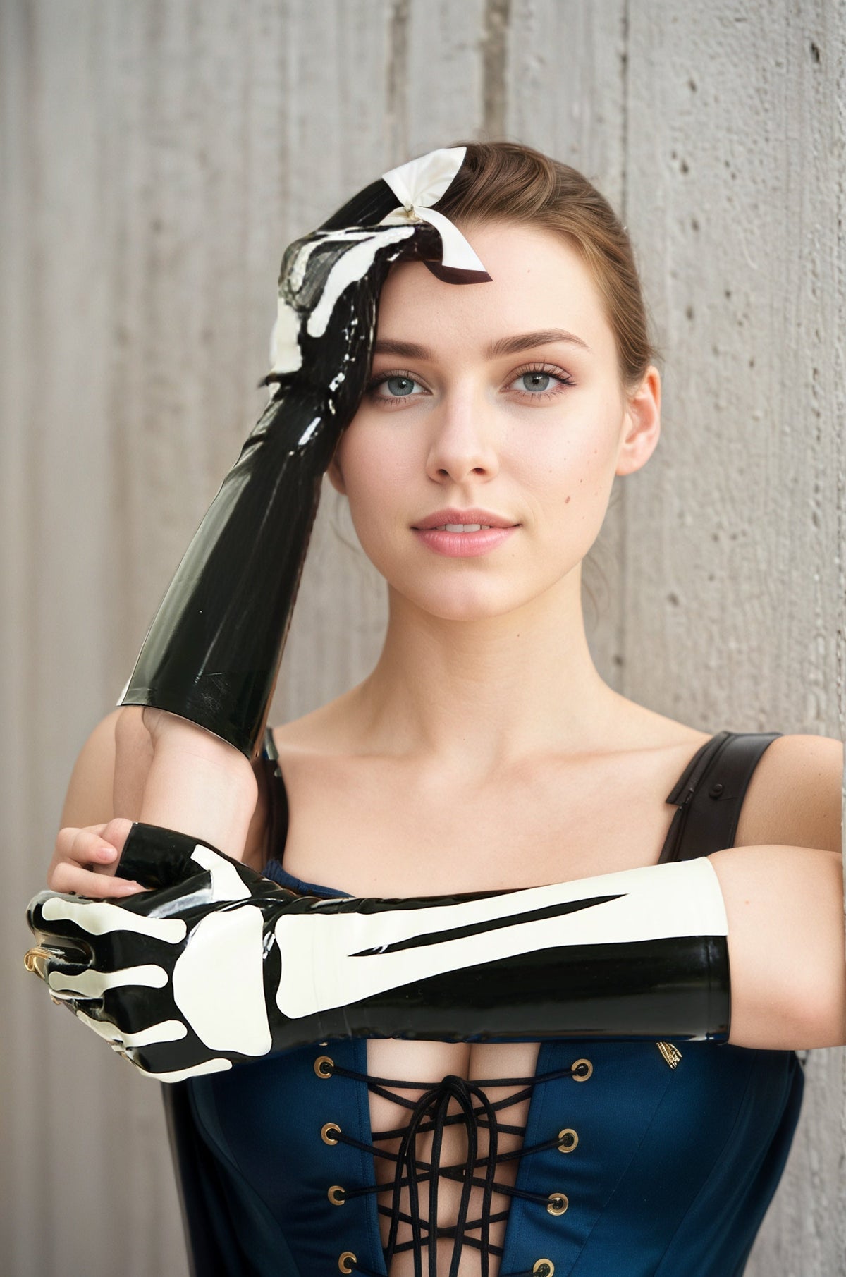 Women Latex Gloves Skeletal Pattern  Skeleton Arm Gauntlets Gothic Fetishwear