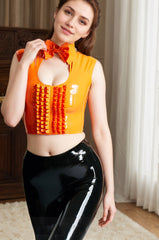Women Latex Tops Bow-Neck Sleeveless Frilled Hot Girl Orange bar