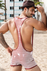 Men Red White Latex Dungarees Stripes Wrestling Suit