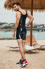 Men Latex Bodysuits Tank Codpiece Suit  black
