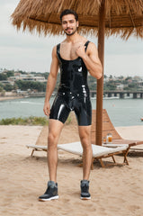 Men Latex Bodysuits Tank Codpiece Suit  black