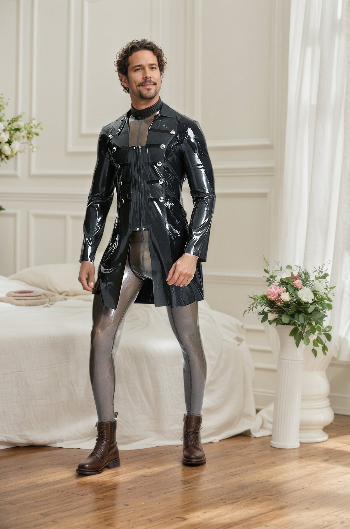 Men Latex Jackets & Coats Military Metal Button Details Black Fitted