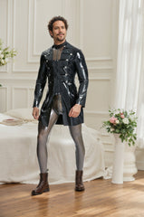 Men Latex Jackets & Coats Military Metal Button Details Black Fitted