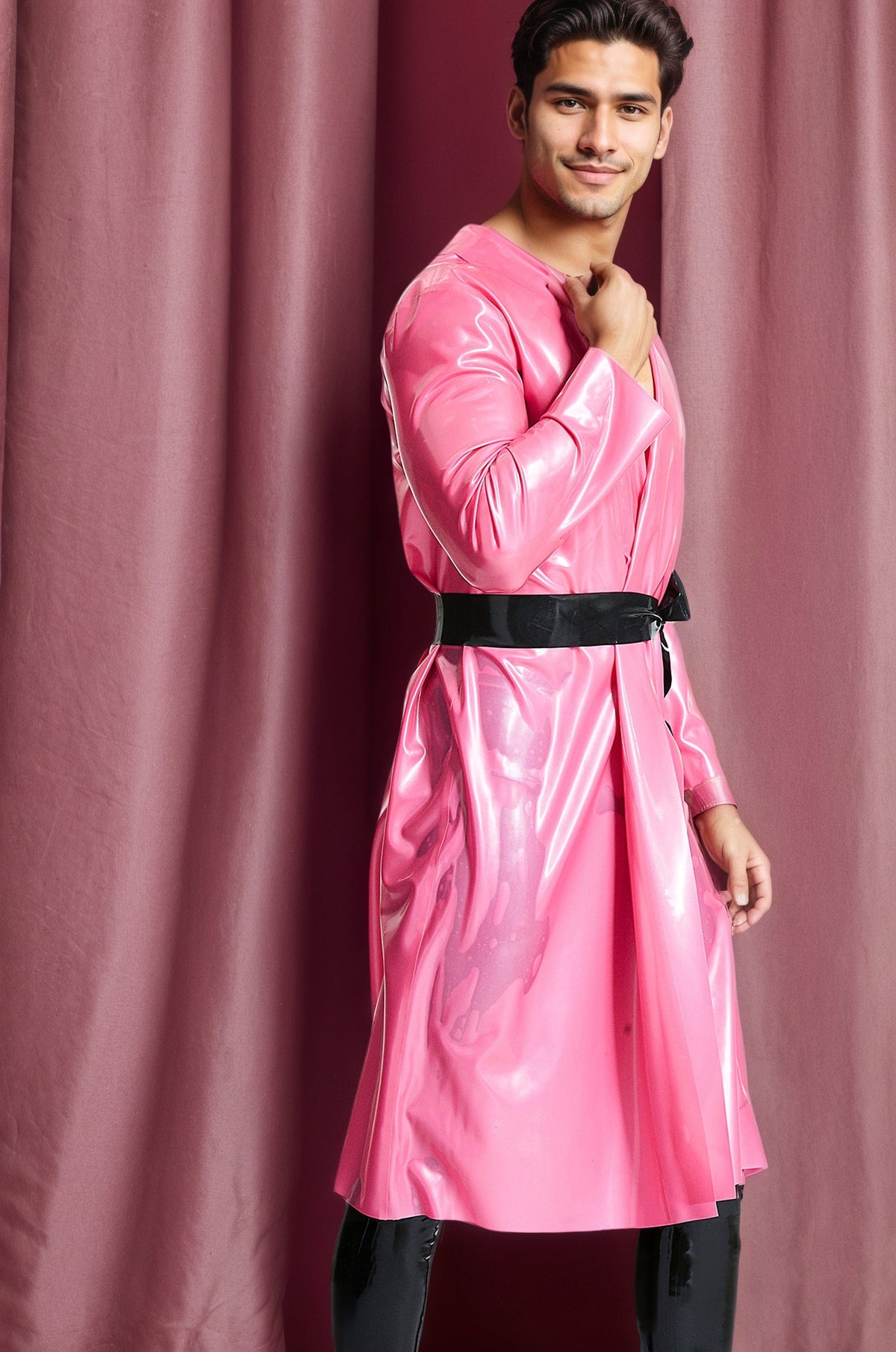 Men Latex Dressing Gowns Latex Jackets & Coats Pink Girly Casual with Black Tie Belt