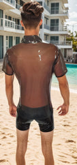 Men Latex Top Translucent Brown Polo Shirt