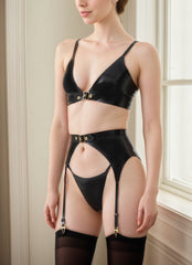 Women Latex Lingerie Set Gold Metal Triangle Bra